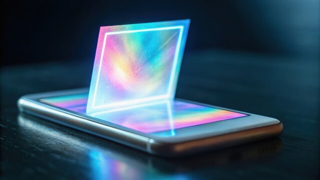 A smartphone displays a holographic image that appears to float above the screen, showcasing vibrant colors and a futuristic design.