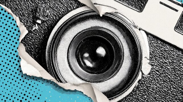 Vintage camera lens design with halftone dots and ripped paper collage detail.
