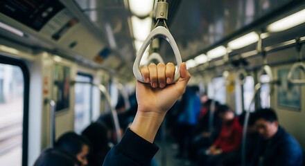 Public Transportation A Close-Up View of a Hand Gripping a Strap Inside a Crowded Train
