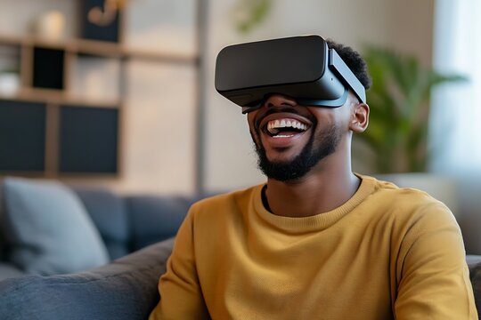Laughing African American Man Exploring Virtual Reality with Headset on Couch