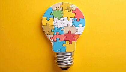 Colorful jigsaw puzzle pieces forming a light bulb on a yellow background
