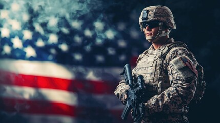 Naklejka premium A soldier in full gear stands in front of an American flag, wearing a helmet, goggles, and camouflage uniform.