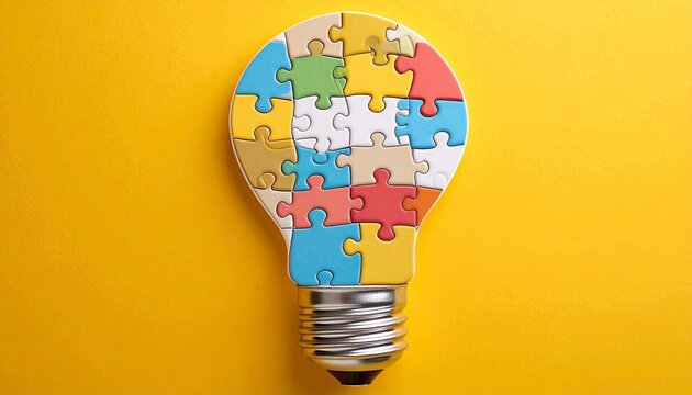 Colorful jigsaw puzzle pieces forming a light bulb on a yellow background - Powered by Adobe