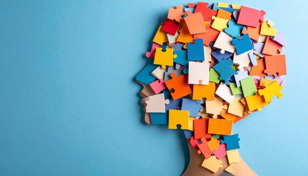 Silhouette of a human head formed by vibrant puzzle pieces on a blue background, symbolizing mental health, cognition, and neurodiversity.