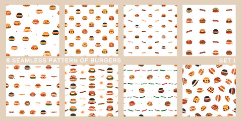 Set of 8 seamless fast food pattern of burger series in minimal graphic illustration style, vivid colors on a white background.