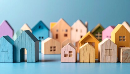 A cluster of diverse miniature wooden houses stands on a blue surface