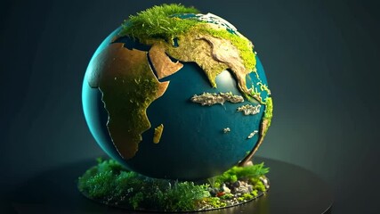 Starting stylized spherical Earth globe slowly rotating in dark studio, revealing mossy continents - Powered by Adobe
