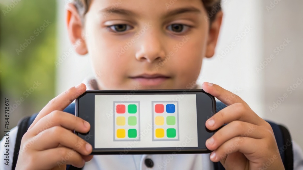 Poster a child is focused on a smartphone displaying colorful grid patterns, showcasing engagement and curi