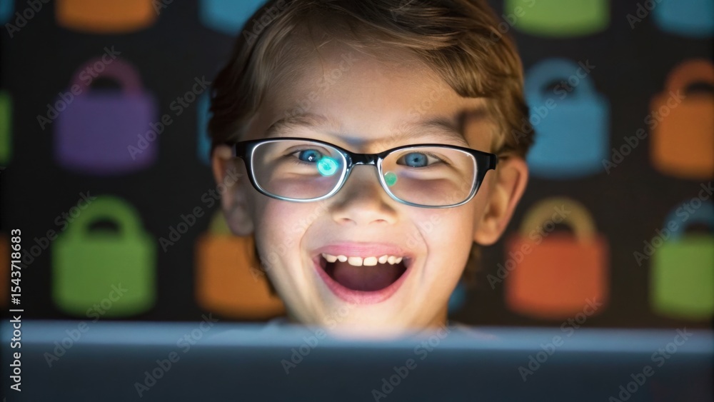 Poster a joyful child with glasses smiles while looking at a computer screen, illuminated against a colorfu