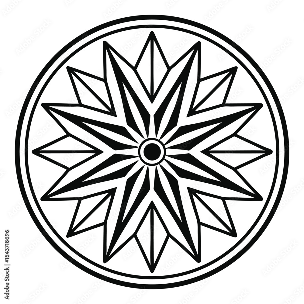 Poster geometric starburst ornament: abstract radial design with sharp points and circular border, black an
