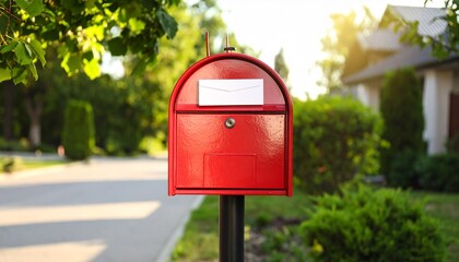 Red mailbox with envelope on quiet suburban street during sunset