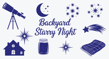 Backyard Starry Night icon set. Telescope, crescent moon, twinkling constellations, shooting star, house silhouette, mason jar lantern and picnic blanket in navy silhouettes © MH HASIB