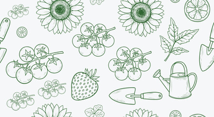 Garden harvest seamless pattern. Cluster tomatoes, strawberry, sunflower, citrus slice, watering can, trowel and herb leaves repeat in fresh green line on white