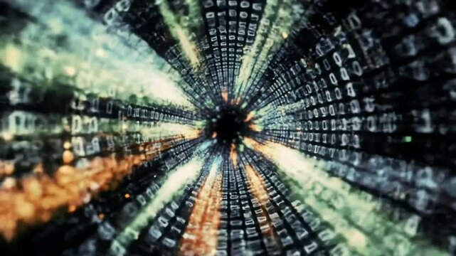 Futuristic digital data tunnel with glowing binary code