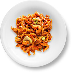 A plate of stir-fried noodles with chicken and vegetables, showcasing a delicious and appetizing meal.