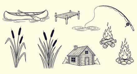 Lakeside camping doodle bundle. Canoe, wooden dock, fishing rod, leaping fish rings, cattails, log cabin and twin campfires in rustic navy sketch style. Cozy wilderness art © MH HASIB