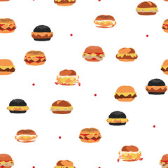 Seamless fast food pattern of burger series, cute mixed cheeseburgers in minimal graphic illustration style, vivid colors on a transparent background.