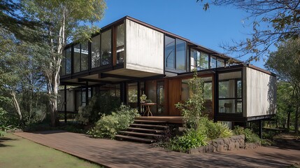 Sophisticated modernist house nestled amidst lush greenery and clear blue sky