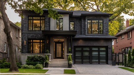 Sophisticated urban residence with dark brick facade and manicured landscaping