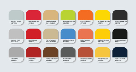 Firefighter Color Palette – Firefighter catalog sample Themed Color Swatch Guide with HEX Codes. Firefighter Services Professions Color Palette featuring multi shades inspired and building fire