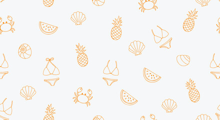 Tropical bikini fruit seamless pattern. Pineapple, watermelon wedge, crab, seashell, beach ball and swimsuit icons scatter in soft orange line. Fun summer fabric or wrapping design