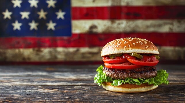 A delicious burger with sesame seeds on a wooden table in front of an American flag.