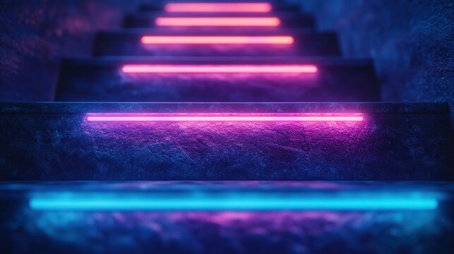Neon-lit stone steps ascend into darkness