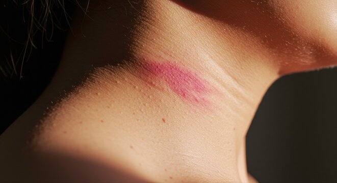 Close-up shot of a woman's neck showing a reddish mark, indicating a hickey