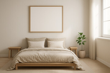 Frame mockup on wall of serene Japandi-style bedroom with low-profile wooden bed and beige linen textiles.
