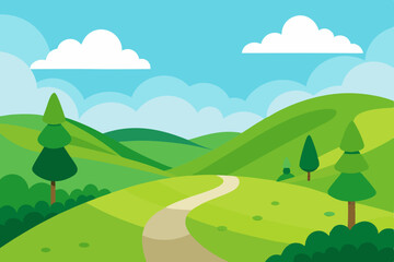 Fototapeta premium Summer landscape with green trees, hills, and a blue sky with clouds
