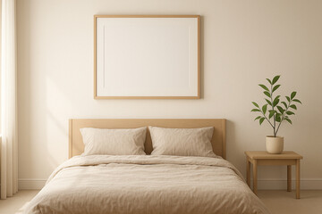 Frame mockup on wall of serene Japandi-style bedroom with low-profile wooden bed and beige linen textiles.
