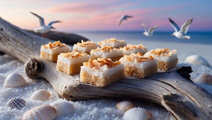Coconut Bars Displayed on Driftwood at Beach with Seagulls Flying