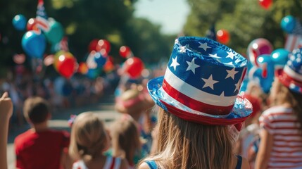 A woman in a patriotic hat at a parade, with balloons and other people in the background.