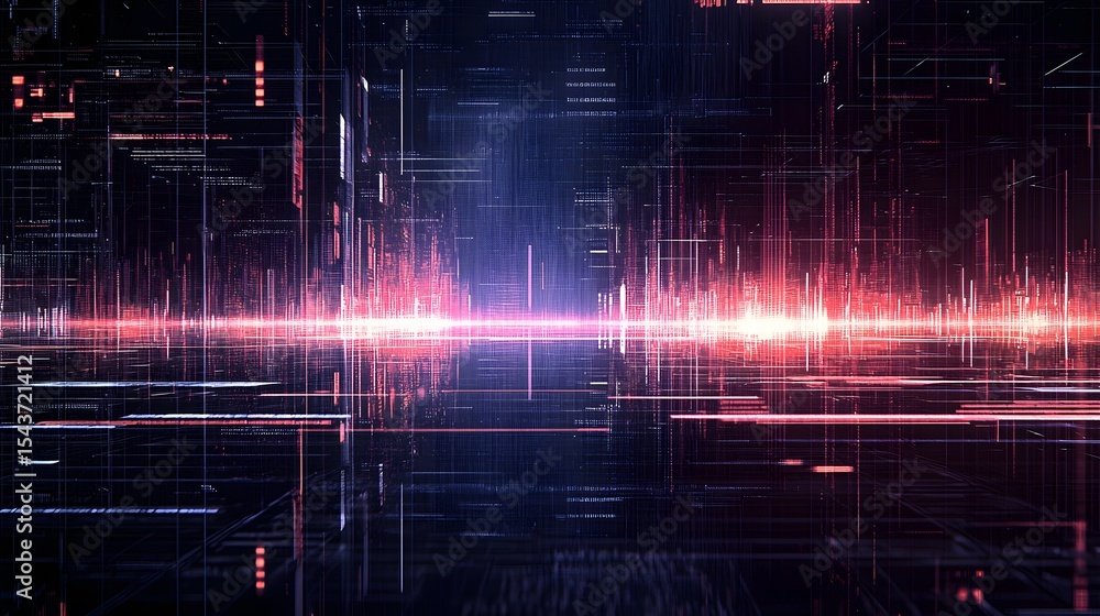 Poster abstract digital landscape with vibrant neon light patterns and data visualizations
