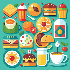 Flat Design Food and Drink Icons Teal Background vector