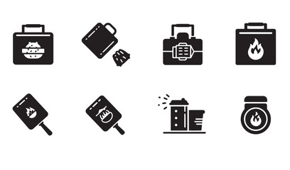 Black and white food and drink icons depicting various items isolated on white background