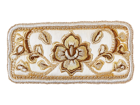 Ornate embroidered floral patch with gold and brown thread on white fabric, elegant decorative motif, isolated on transparent background