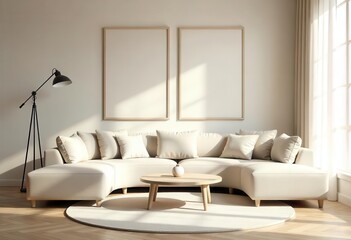 Modern Minimalist Living Room Interior with Blank Poster Frames – Neutral Toned Sofa and Wooden Coffee Table

