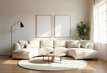 Modern Minimalist Living Room Interior with Blank Poster Frames – Neutral Toned Sofa and Wooden Coffee Table

