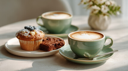 Coffee Cups and Pastries in Cafe Sunlight. wo green coffee cups with latte art are arranged with a muffin and brownie on a white table, illuminated by warm, setting sunbeams.