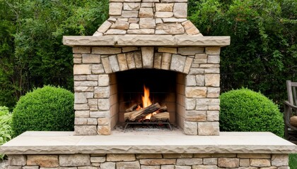 Outdoor stone fireplace with a roaring fire. Surrounded by neatly trimmed green bushes. Ideal for cozy gatherings and outdoor living spaces.