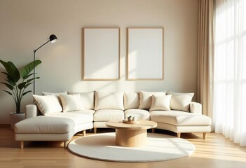 Modern Minimalist Living Room Interior with Blank Poster Frames – Neutral Toned Sofa and Wooden Coffee Table

