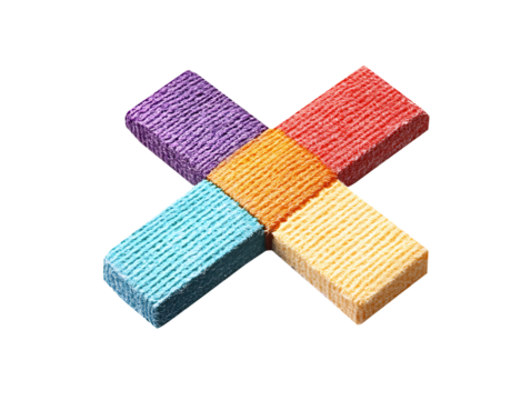Colorful cross shape made of textured rectangular blocks in vibrant purple, orange, blue, and yellow, isolated on transparent background