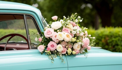 A vintage turquoise car adorned with a bouquet of pink and white roses. The scene is set in a lush green environment, perfect for weddings or romantic occasions.