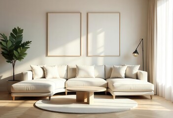 Modern Minimalist Living Room Interior with Blank Poster Frames – Neutral Toned Sofa and Wooden Coffee Table

