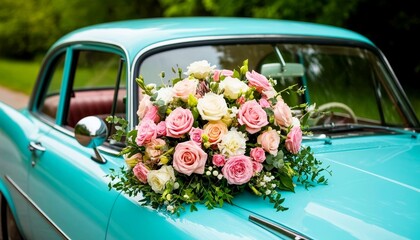 A vintage turquoise car adorned with a large bouquet of pink and white roses. The setting is a lush green outdoor area, perfect for a wedding.
