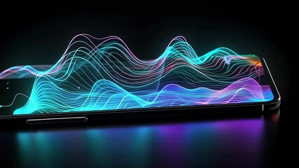 Illuminating smartphone screen initiating shifting neon waveform on reflective surface pulsing hues - Powered by Adobe