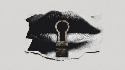 A grayscale lips with a golden padlock in a collage style.
