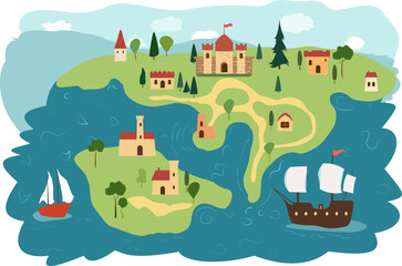 Children's map with islands, sea, ships, houses. Vector illustration