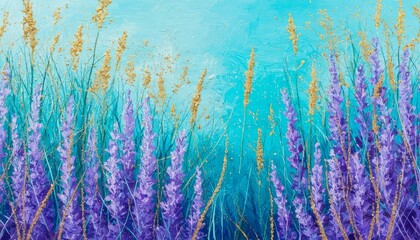 Vibrant underwater scene with purple and golden seaweed. The background features a gradient of turquoise and blue hues, creating a serene aquatic atmosphere.